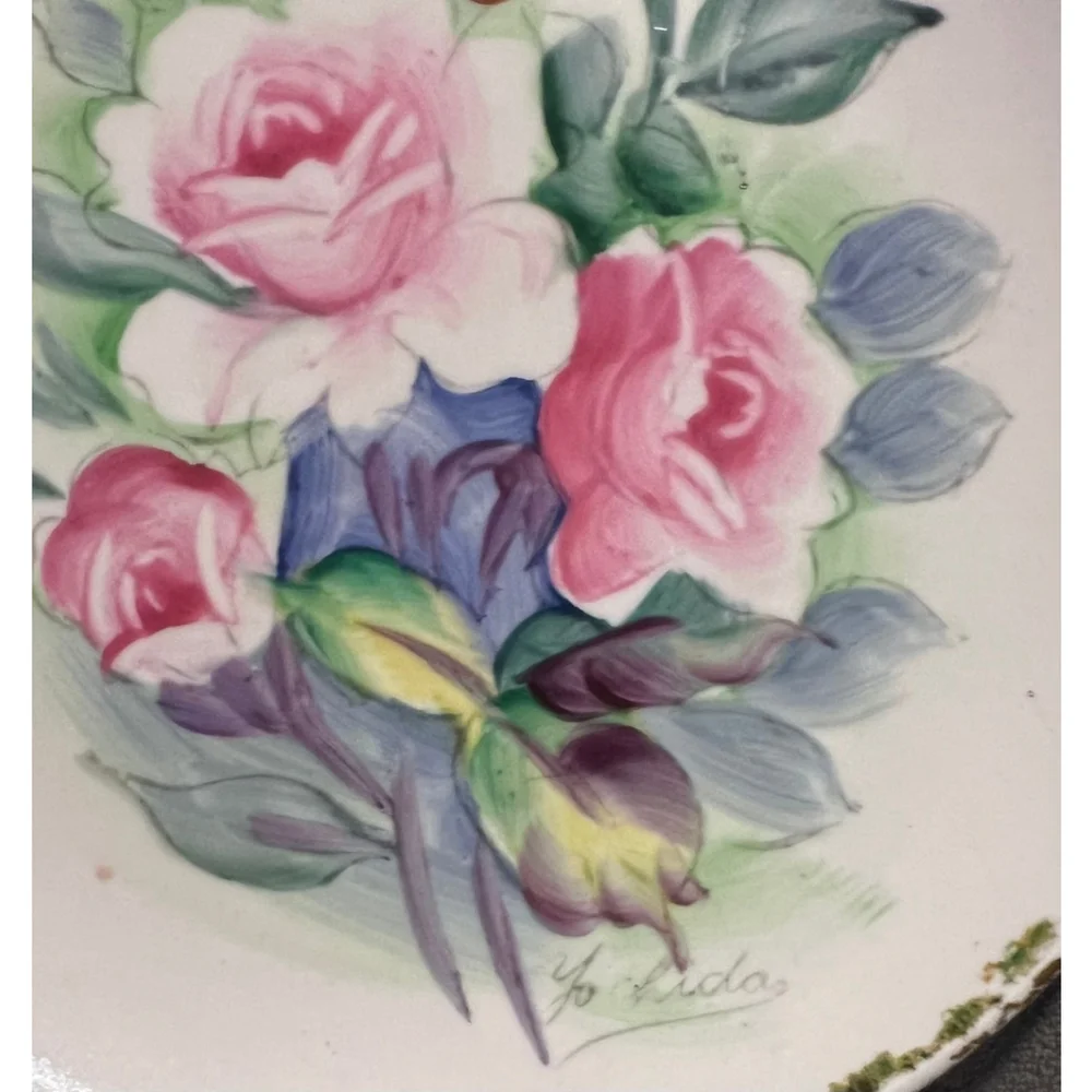 Gold Rimmed Cottagecore Plate Handpainted Rare Vintage Floral Pink & Yellow Gift